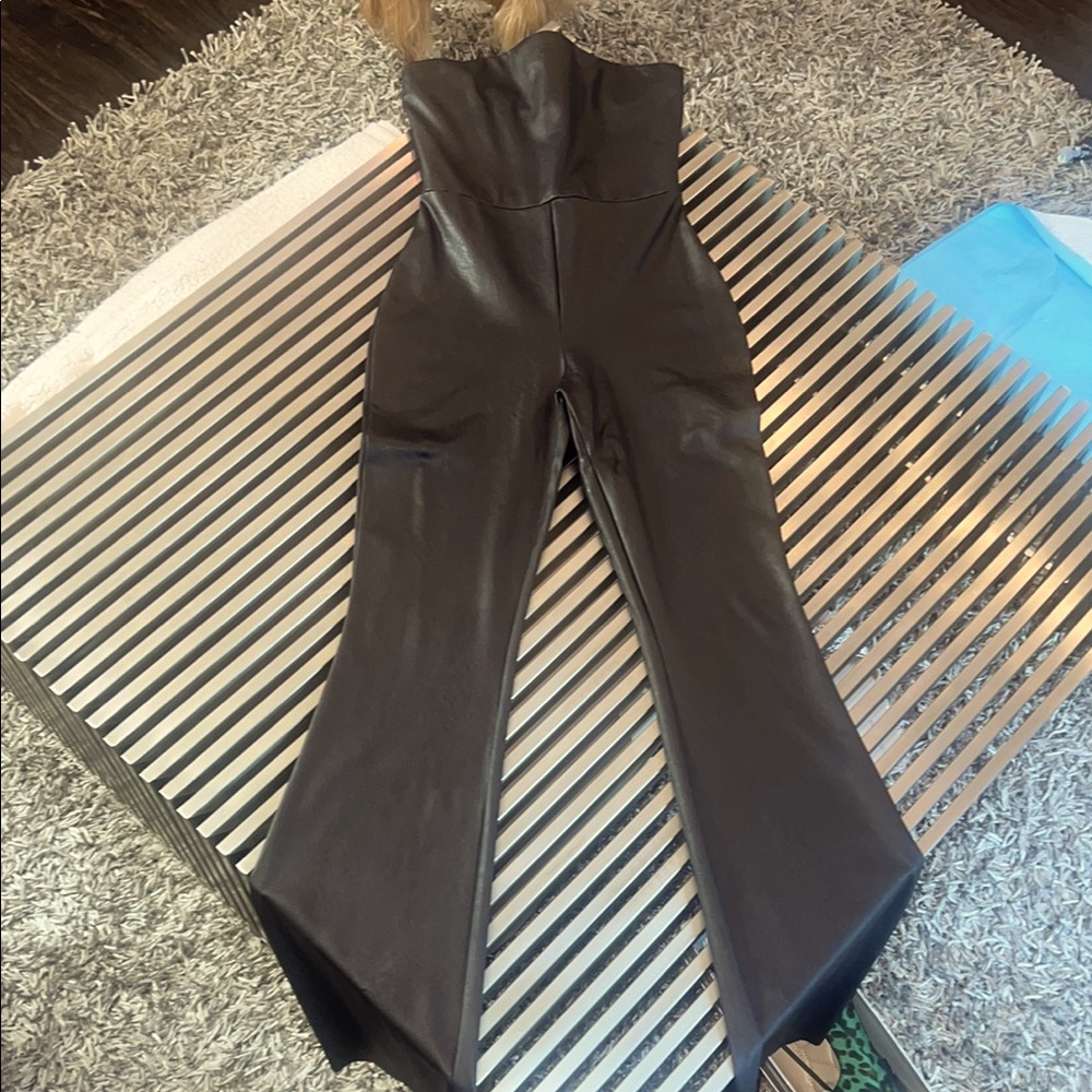 naked wardrobe Black Faux Leather Boot Cut Jumpsuit